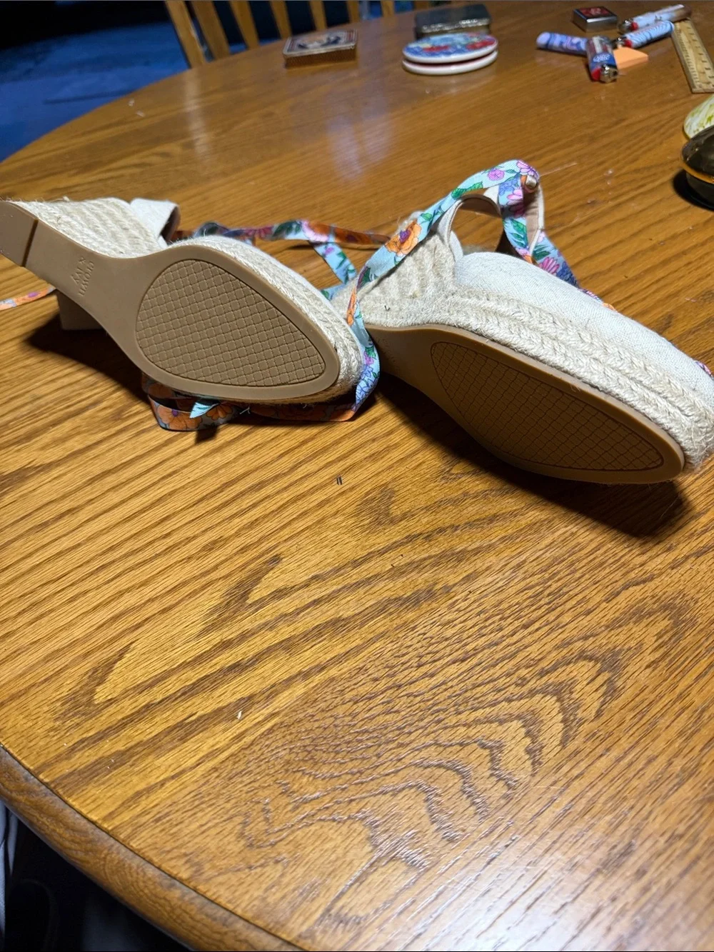 Floral Lace-Up Espadrille Wedge Sandals - Beige with Orange & Purple Floral Ties